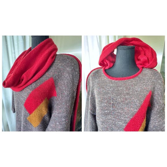 Vintage 80s sweater dress, taupe, red yellow geometric shapes, rolled cowl neck - Picture 5 of 10